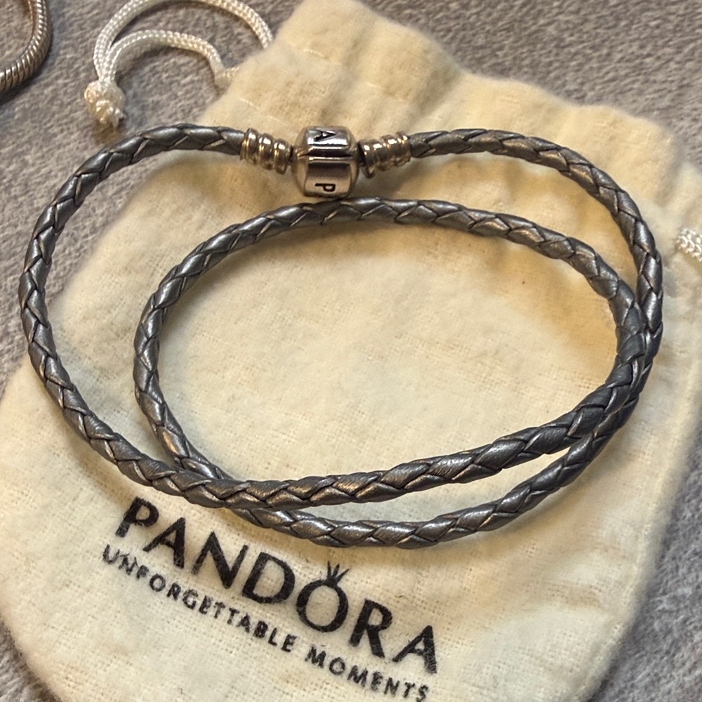 Pandora Metallic Gray Double-Wrap Braided Leather Bracelet